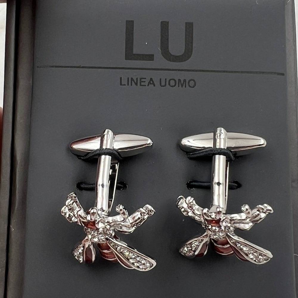 Linea Uomo Cufflinks Men's Silver Tone Red Enamel Crystal Bees NIB